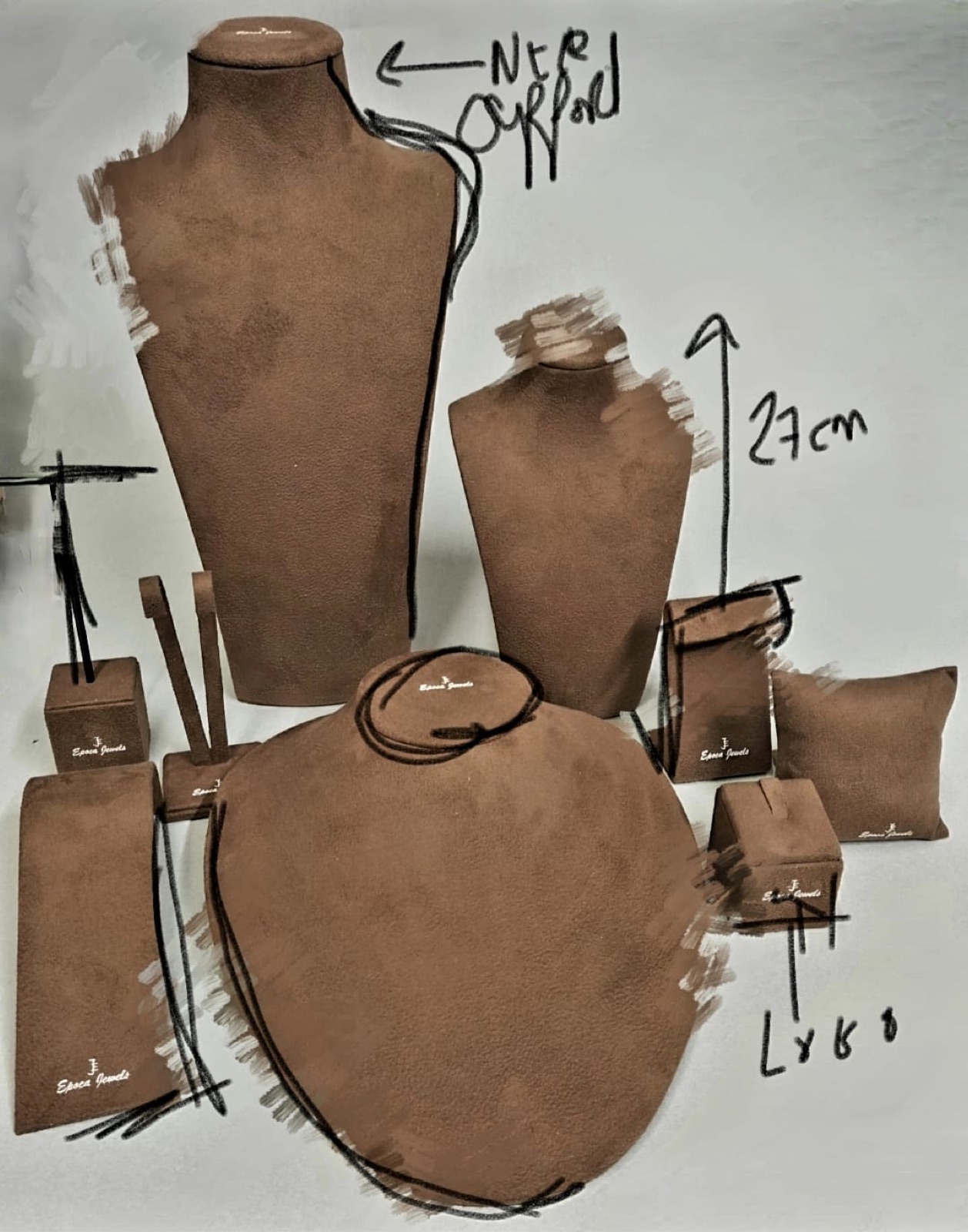 Brown suede jewellery display busts, ring and earring stands with customisation notes